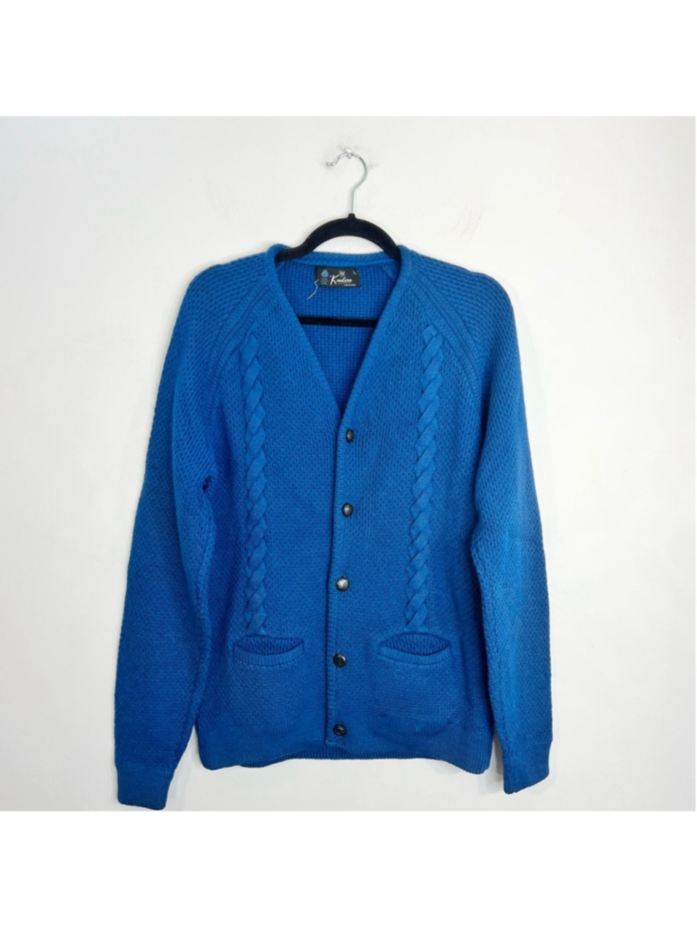 Vintage 50s 60s pure wool cobalt blue cable knit grandpa cardigan sweater L - Picture 2 of 13
